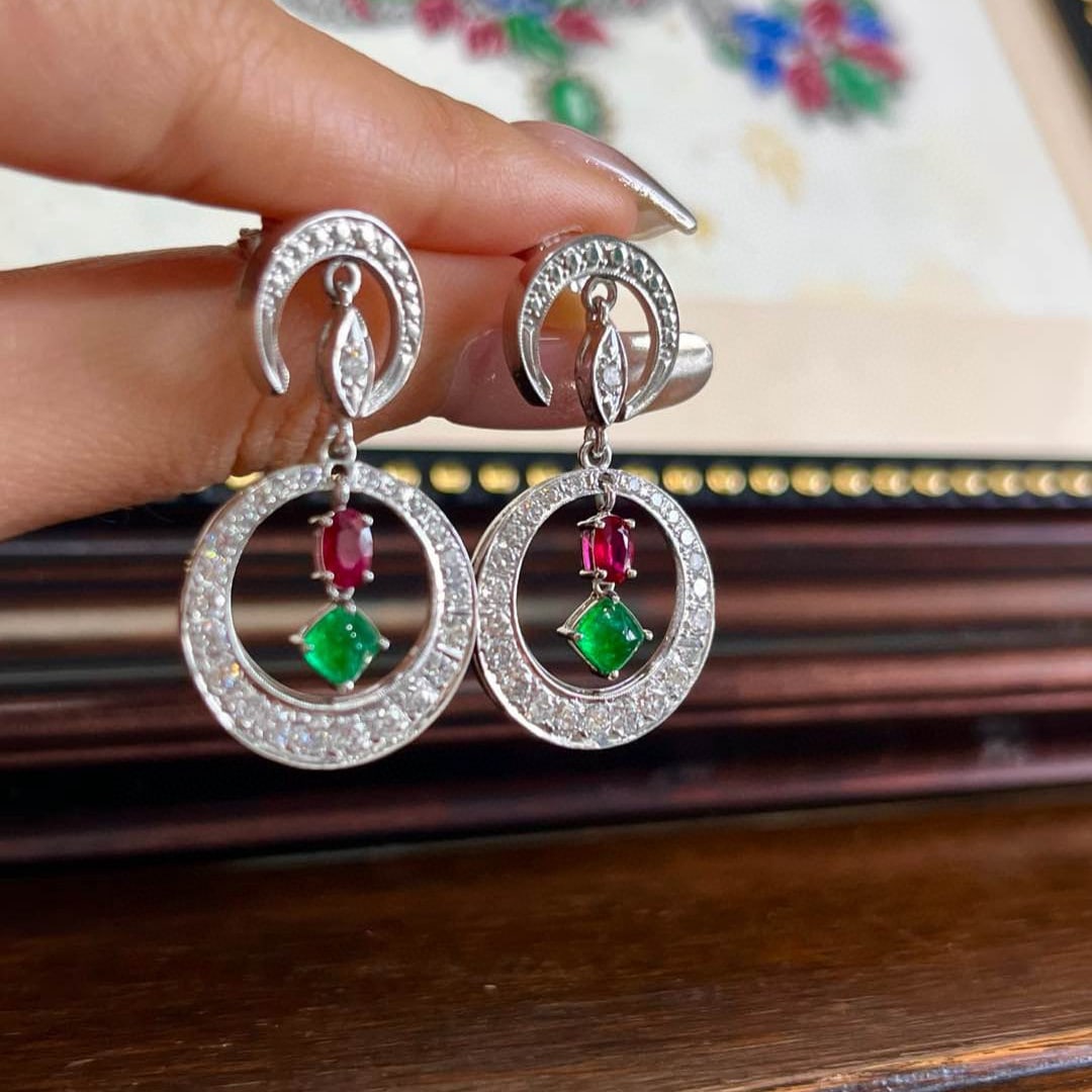 14k Gold 2.6 Ctw Vivid Green Natural Emerald & Ruby Earrings - 3