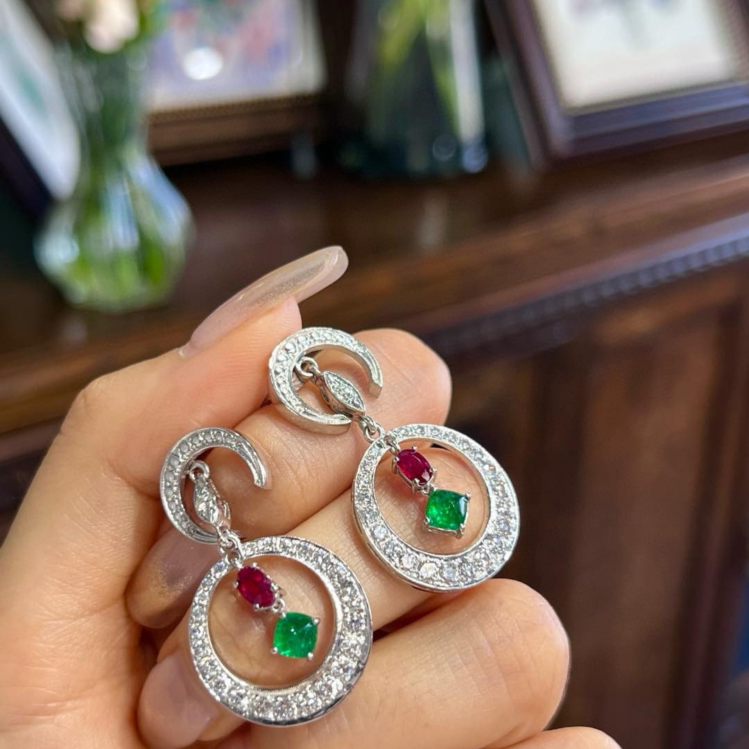 14k Gold 2.6 Ctw Vivid Green Natural Emerald & Ruby Earrings - 6