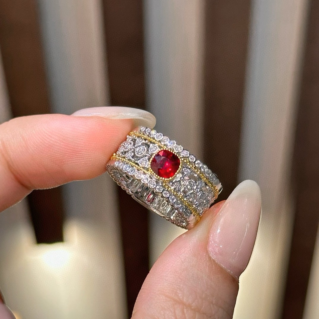14k Gold 1.05 Ctw Natural Ruby & Diamond Ring: Ref:230994413 // gold content:14k gold // ring size:7. 25us // // main gemstone:ruby // shape:cushion // carat weight:0. 79ct // color:pigeonblood red // treatment:natural // // adjacent gemstone 2 :
