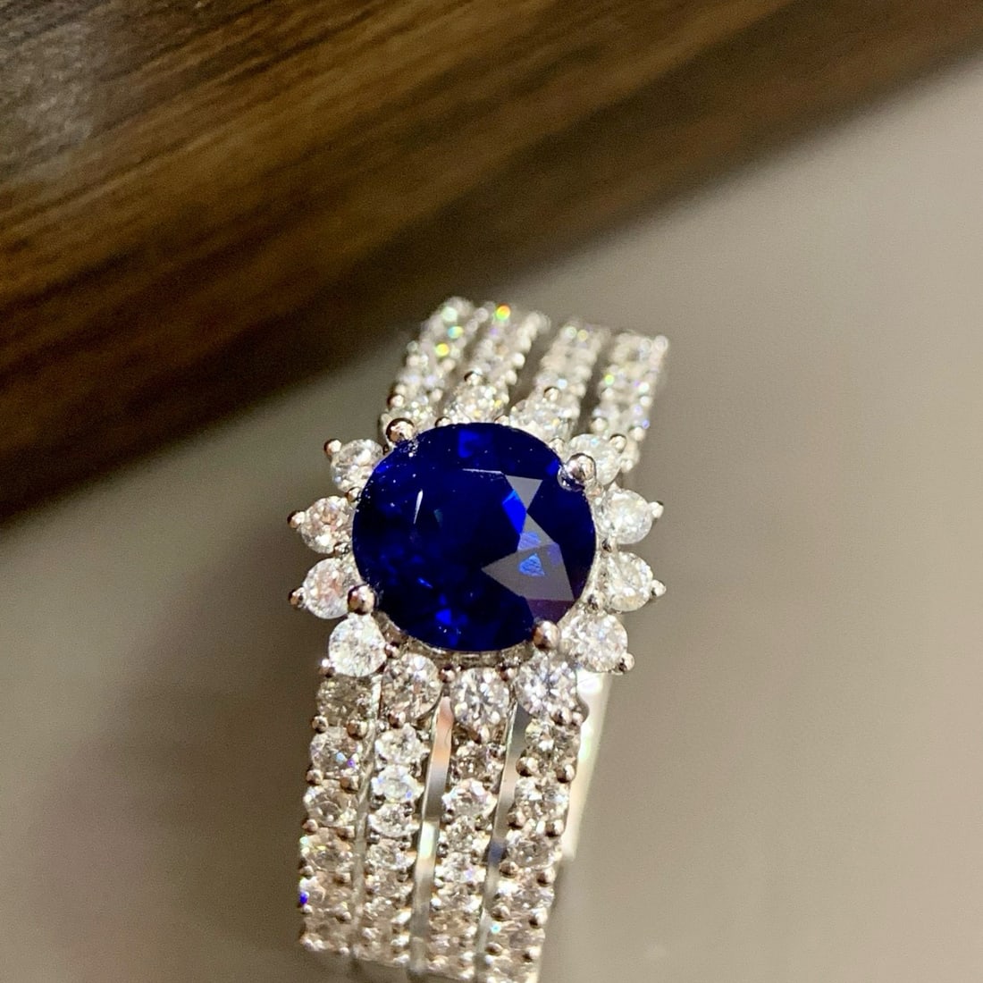 14k Gold 2.29 Ctw Natural Sapphire & Diamond Ring: Ref:230994414 // gold content:14k gold // ring size:7. 25us // // main gemstone:sapphire // shape:round // carat weight:1. 56ct // color:royal blue // treatment:natural // cut grade:g // // adjacent g