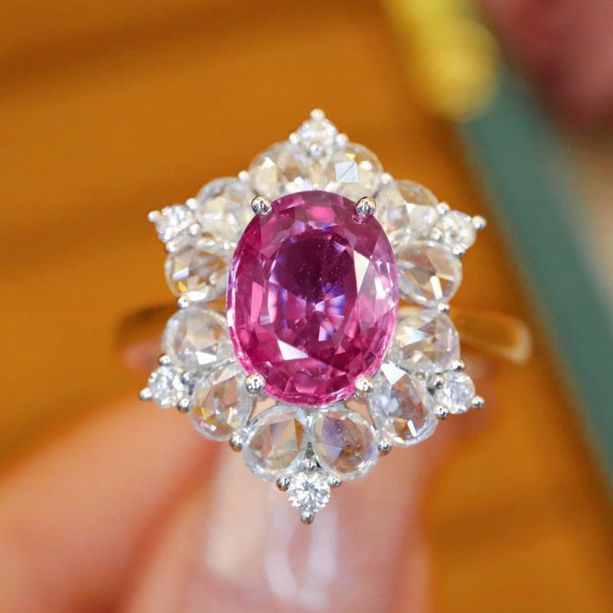 14k Gold 2.75 Ctw Natural Sapphire & Diamond Ring: Ref:230994416 // gold content:14k gold // ring size:7. 25us // // main gemstone:sapphire // shape:oval // carat weight:2. 03ct // color:pink // treatment:natural // // adjacent gemstone 2 : diamond //