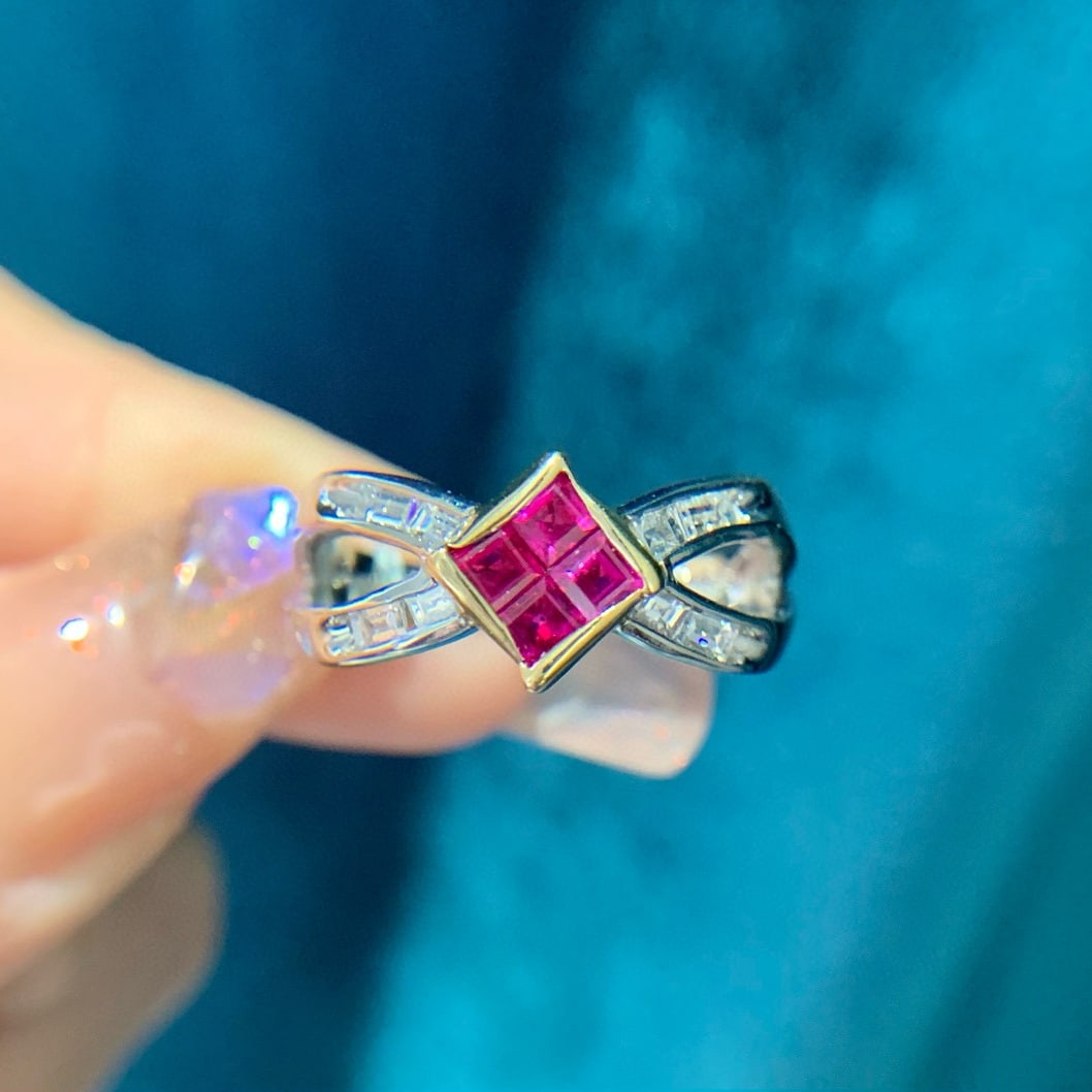 14k Gold 1.25 Ctw Natural Ruby & Diamond Ring: Ref:230994440 // gold content:14k gold // ring size:7. 25us // // main gemstone:ruby // shape:square // carat weight:0. 75ct // color:red // treatment:natural // // adjacent gemstone 2 : diamond // sh