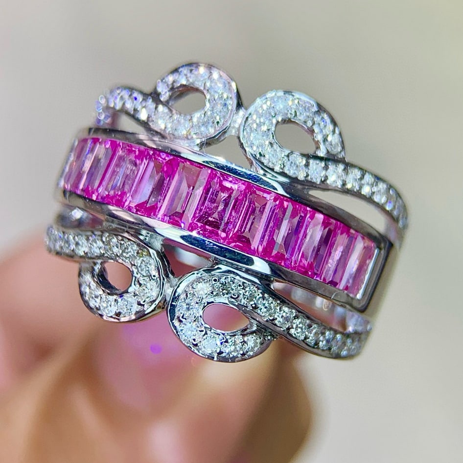 14k Gold 2.54 Ctw Natural Ruby & Diamond Ring: Ref:230994441 // gold content:14k gold // ring size:7. 25us // // main gemstone:ruby // shape:baguette // carat weight:2. 12ct // color:pink // treatment:natural // // adjacent gemstone 2 : diamond