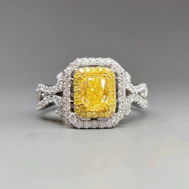 14k Gold 1 Ct Natural Yellow Diamond & Diamond Ring: Ref:230995001 // gold content:14k gold // ring size:7. 25us // // main gemstone:yellow diamond // shape:cushion // carat weight:1ct // color:yellow // treatment:natural // // adjacent gemstone 2 :
