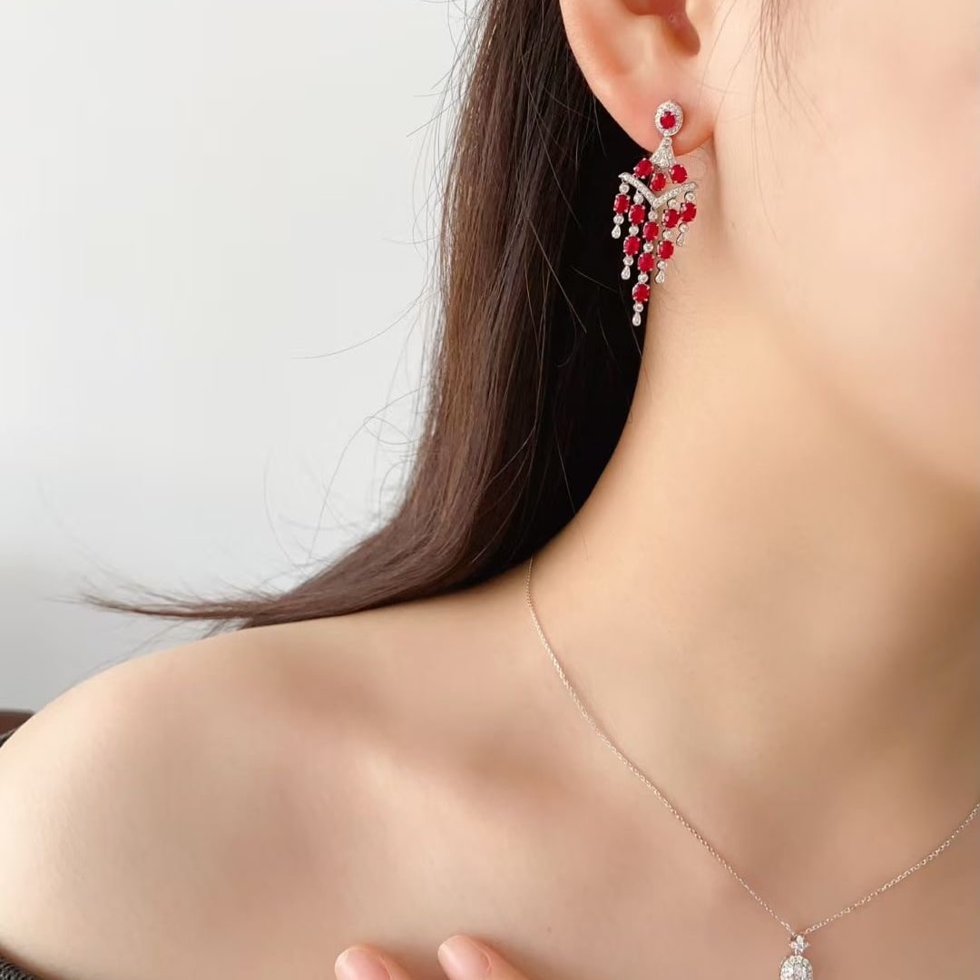 14k Gold 5.05 Ctw Natural Ruby & Diamond Earrings - 4