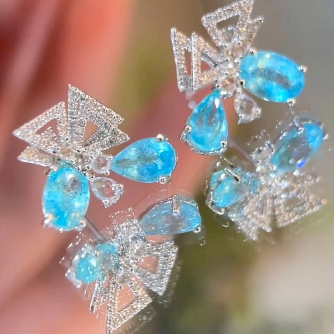 14k Gold 1.75 Ct Natural Paraiba Tourmaline & Diamond Earrings - 4