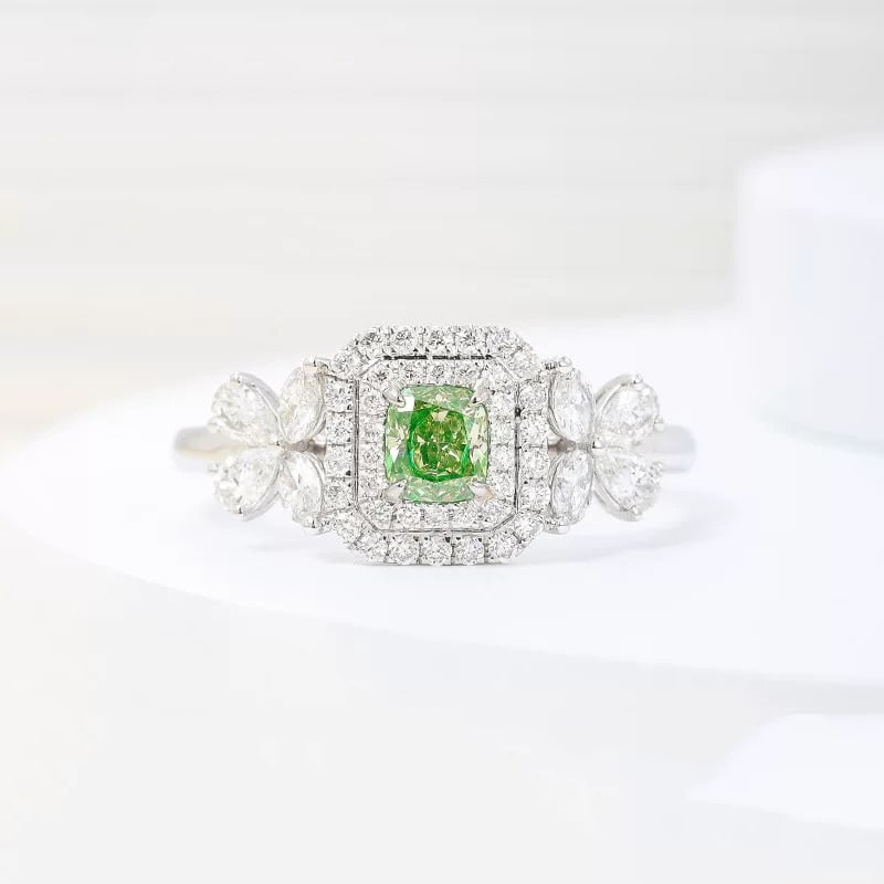 14k Gold 0.94 Ctw Natural Green Diamond & Diamond Ring: Ref:230995023 // gold content:14k gold // ring size:7. 25us // // main gemstone:green diamond // shape:cushion // carat weight:0. 31ct // color:green // treatment:natural // // adjacent gemstone 2 :