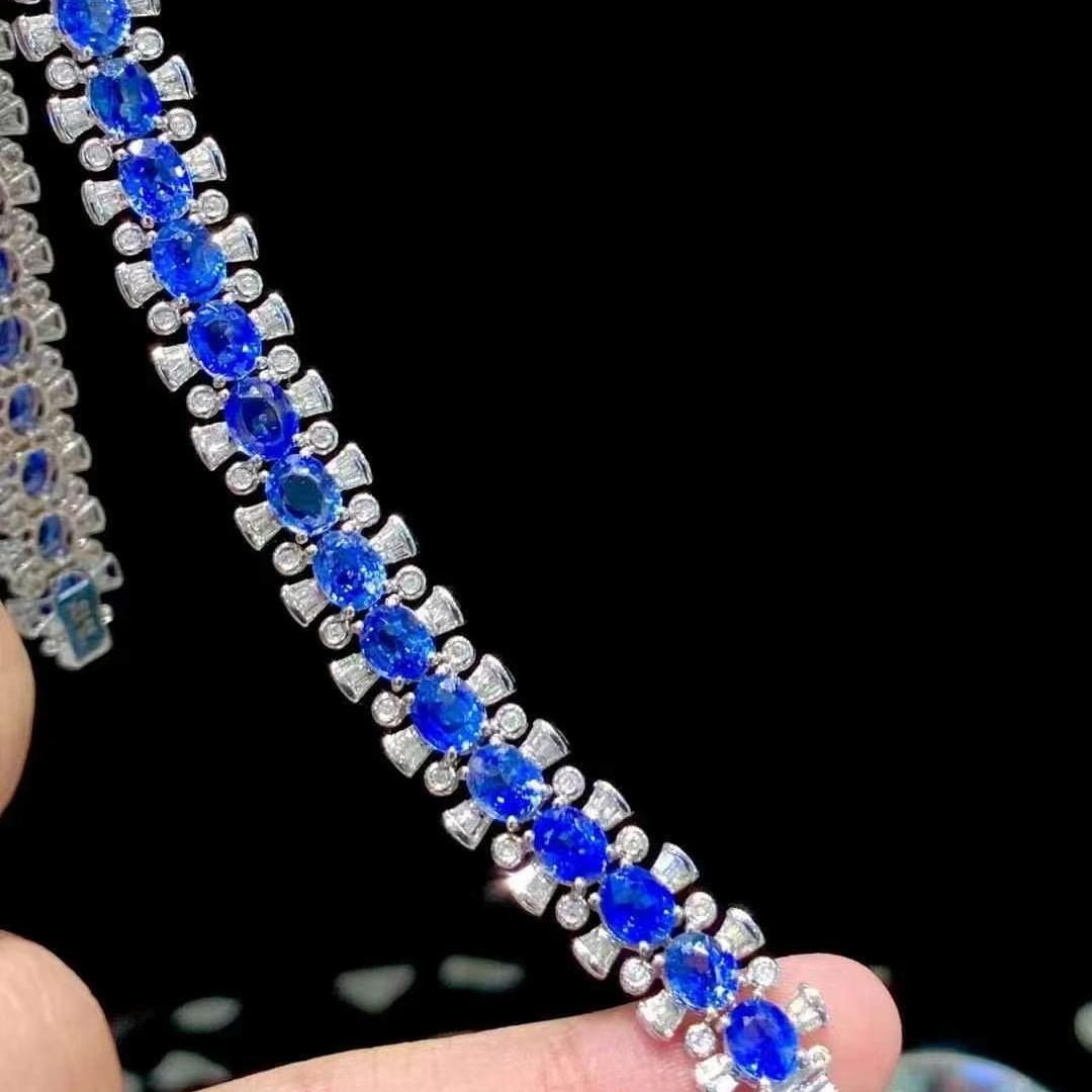 14k Gold 15.5 Ct Natural Sapphire & Diamond Bracelet - 3