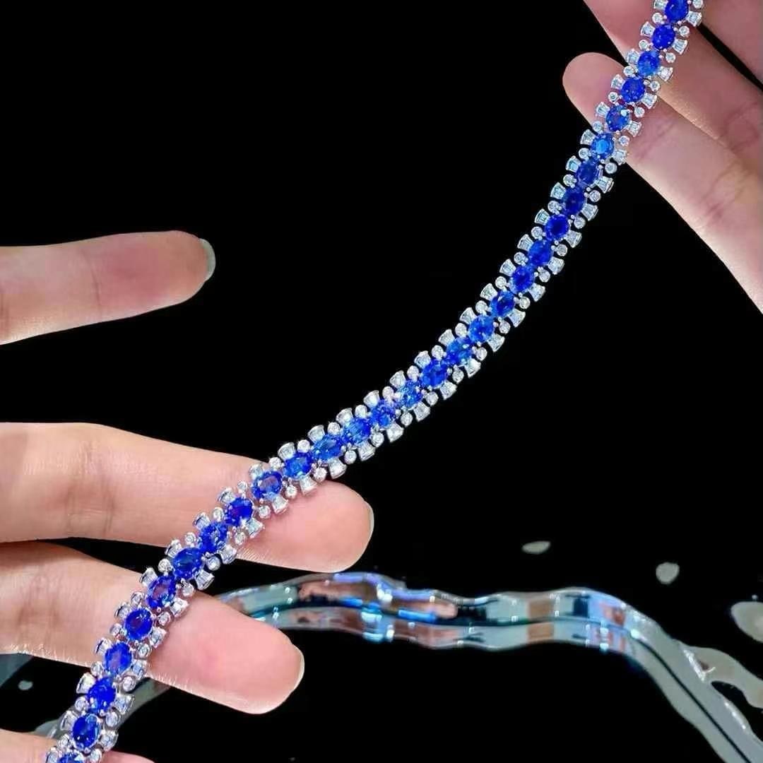 14k Gold 15.5 Ct Natural Sapphire & Diamond Bracelet - 5