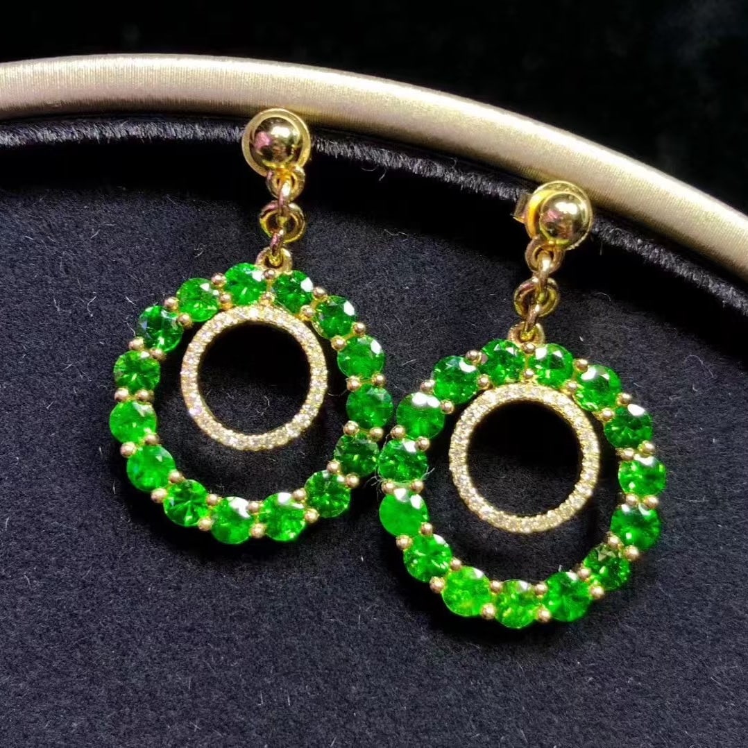 14k Gold 3.58 Ctw Natural Tsavorite & Diamond Earrings: Ref:230995032 // gold content:14k gold // main gemstone:tsavorite // shape:round // carat weight:3. 4ct // color:green // treatment:natural // cut grade:g // // adjacent gemstone 2 : diamond // shape: