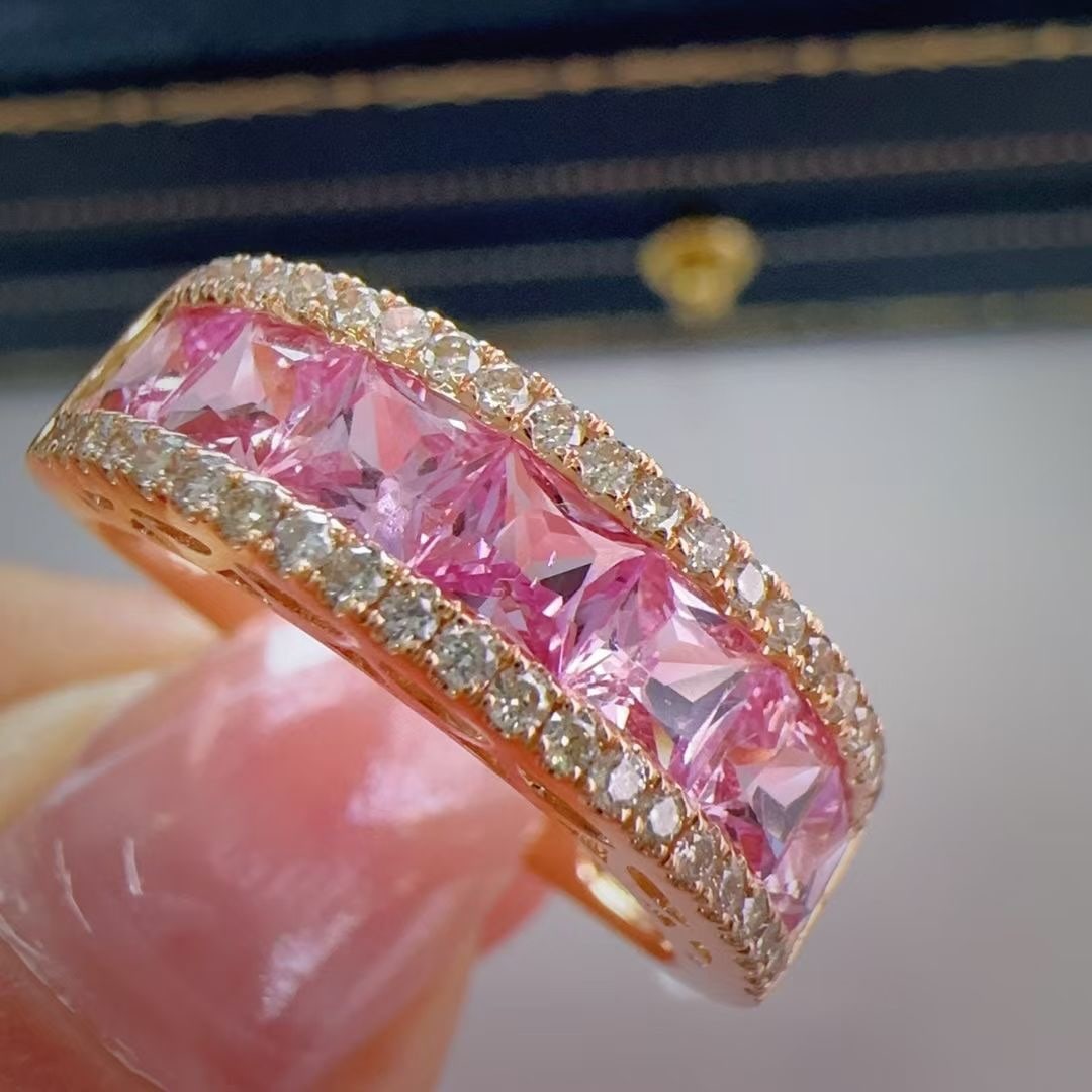 14k Gold 1.73 Ctw Natural Sapphire & Diamond Ring: Ref:230995033 // gold content:14k gold // ring size:7. 25us // // main gemstone:sapphire // shape:princess // carat weight:1. 5ct // color:pink // treatment:natural // // adjacent gemstone 2 :