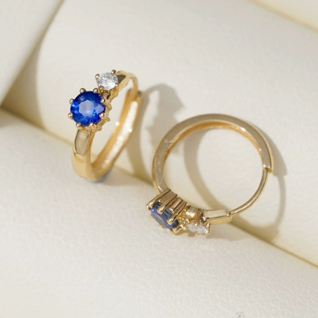 14k Gold 0.45 Ctw Natural Sapphire & Diamond Earrings - 2