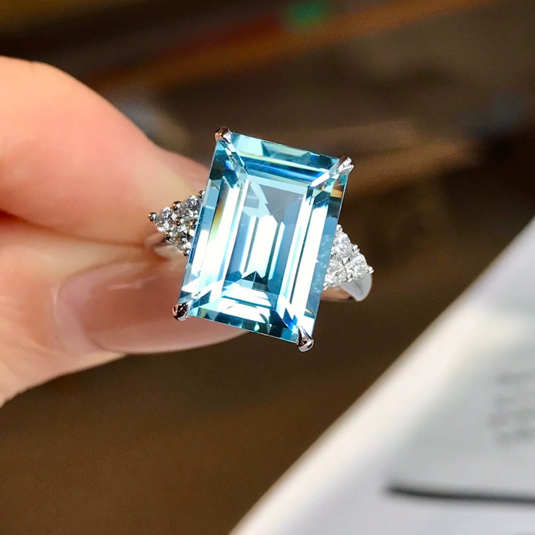14k Gold 6 Ct Natural Aquamarine & Diamond Ring - 3