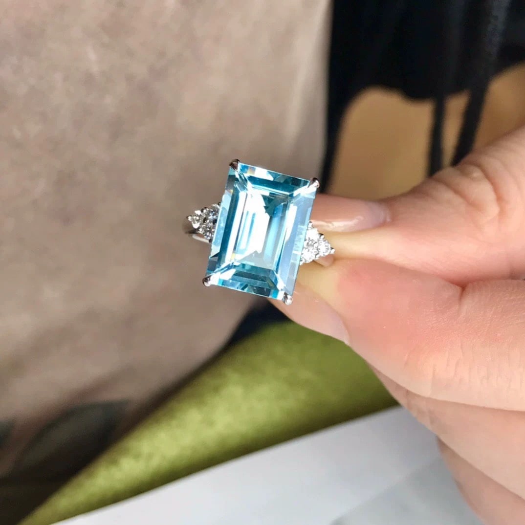 14k Gold 6 Ct Natural Aquamarine & Diamond Ring - 4