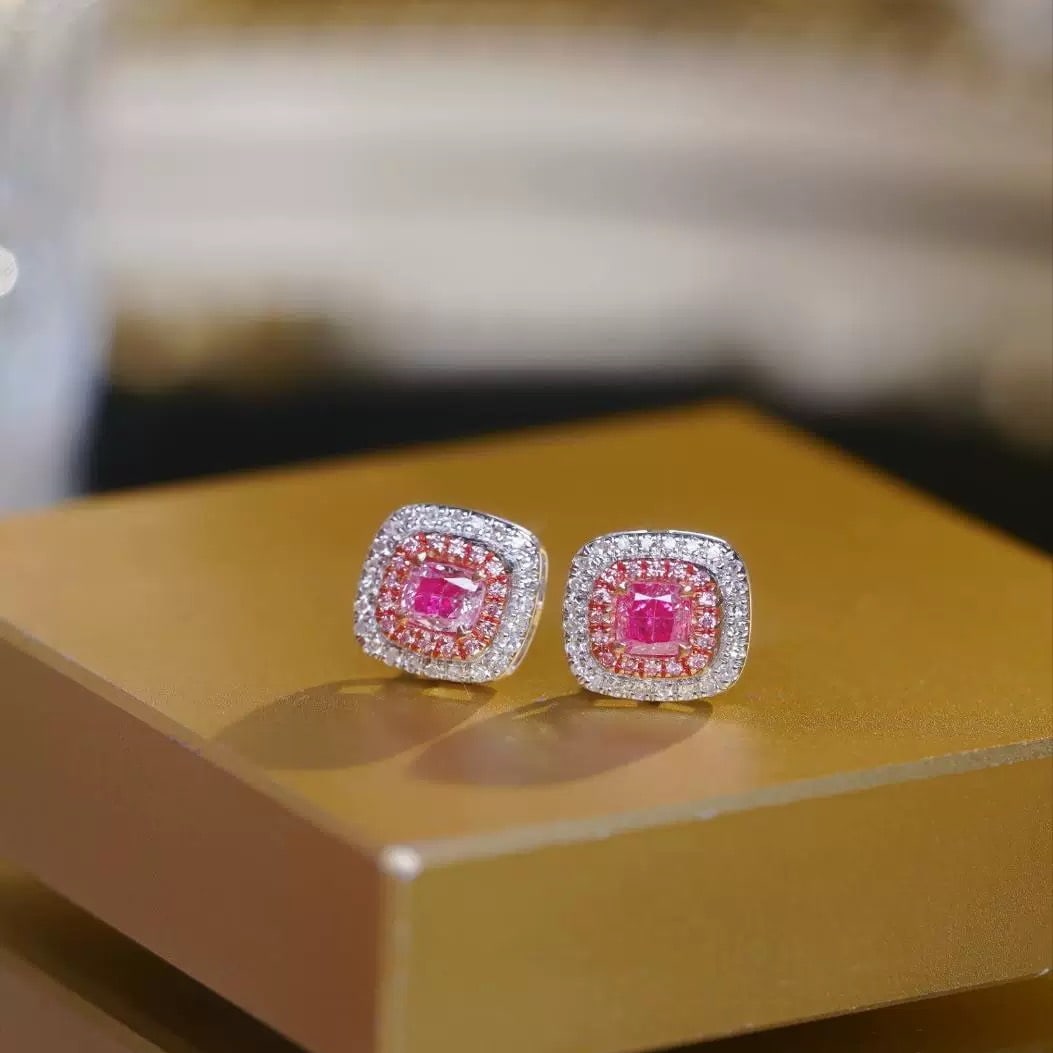 14k Gold 0.58 Ct Natural Pink Diamond & Diamond Earrings: Ref:230995063 // gold content:14k gold // main gemstone:pink diamond & diamond // shape:cushion & round // carat weight:0. 58ct // color:pink & h // treatment:natural // Condition: New Low Estimate: