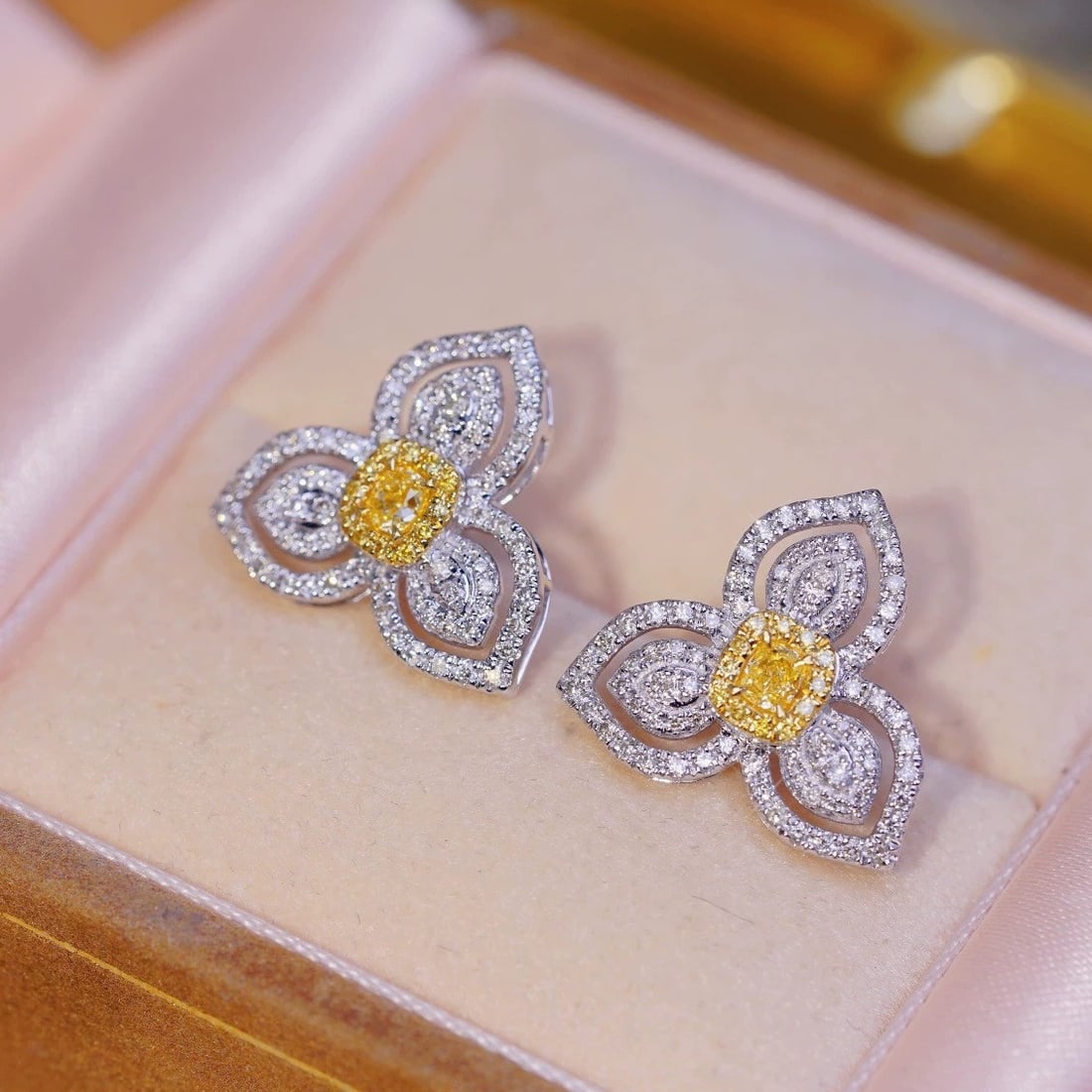 14k Gold 1.00 Ctw Natural Yellow Diamond & Diamond Earrings - 2