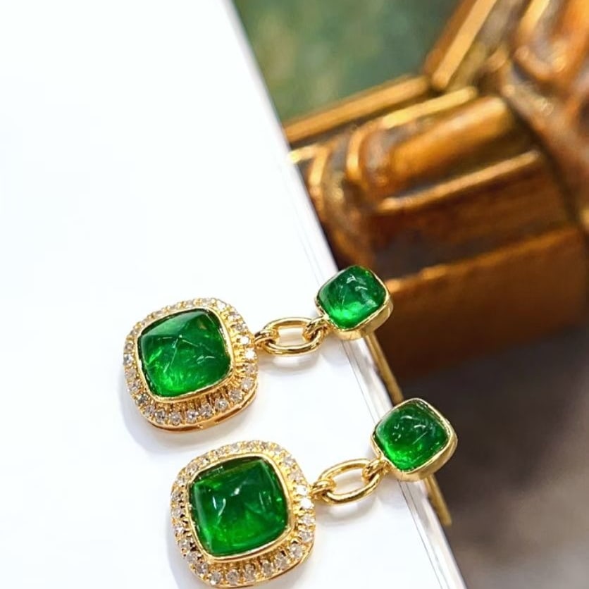 14k Gold 1.6 Ct Natural Emerald & Diamond Earrings - 2
