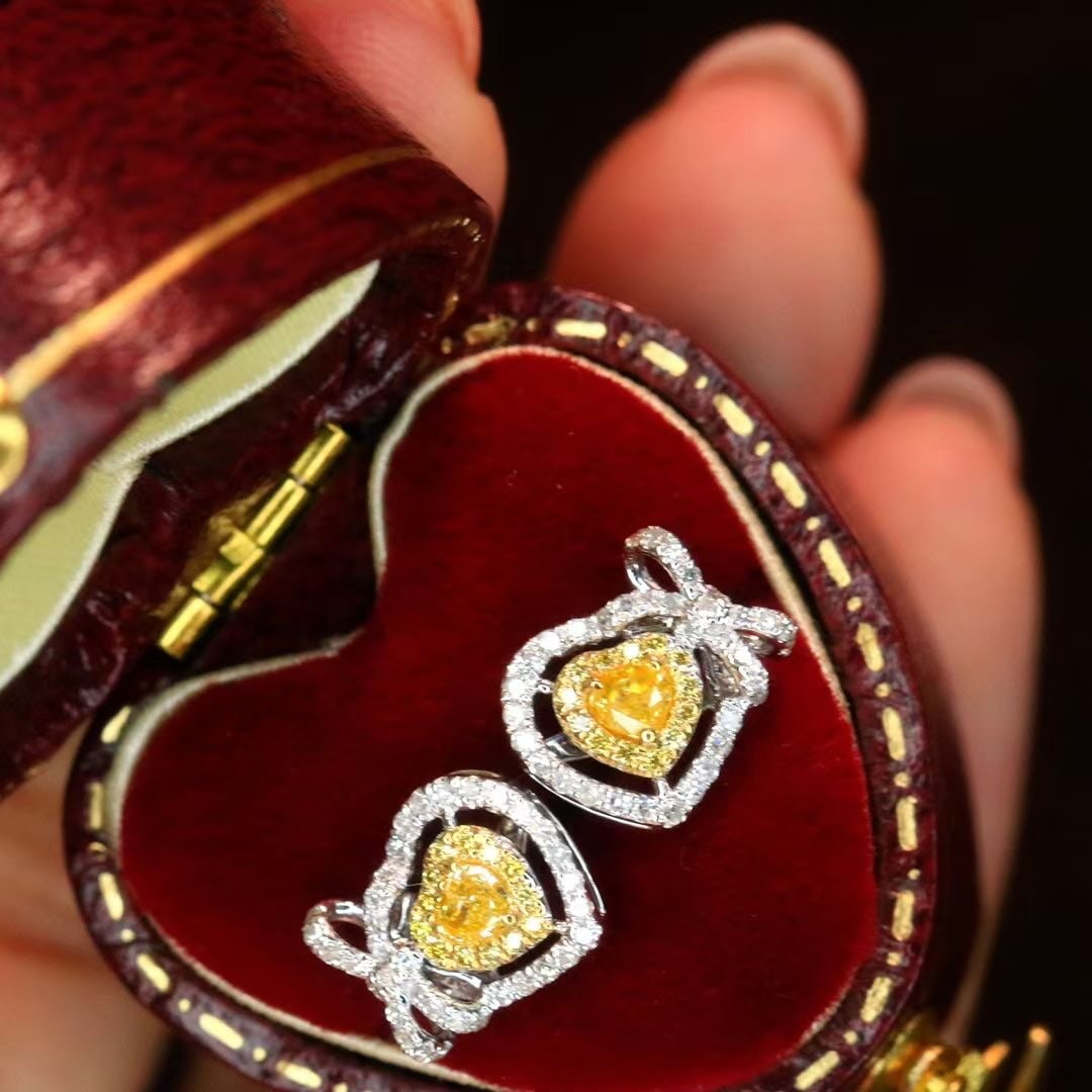 14k Gold 0.52 Ct Natural Yellow Diamond & Diamond Earrings - 4