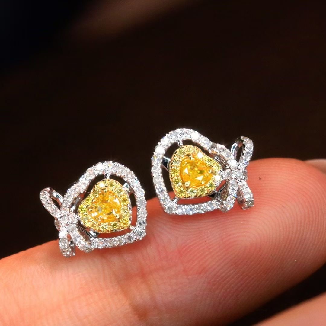 14k Gold 0.52 Ct Natural Yellow Diamond & Diamond Earrings - 5