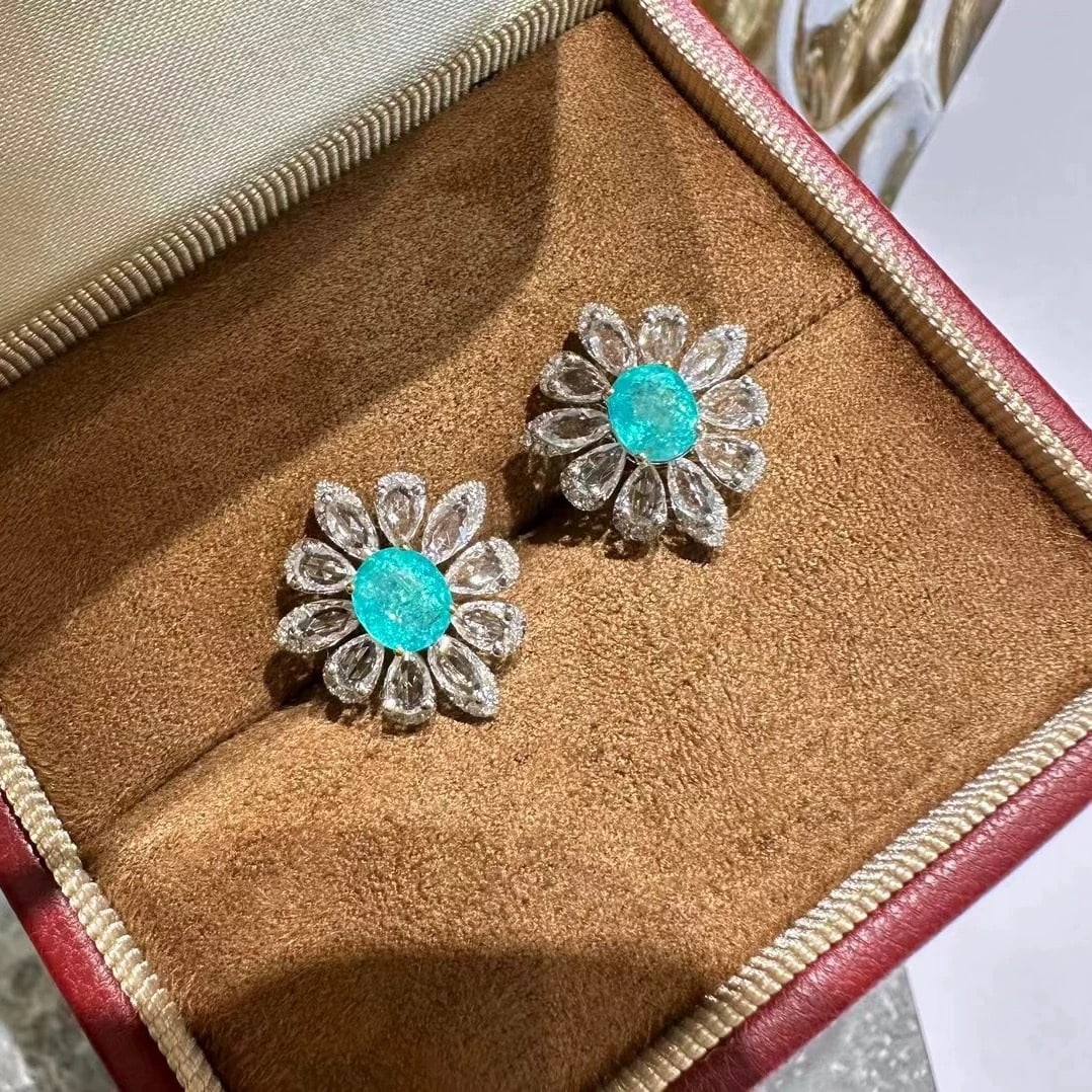 14k Gold 1.3 Ct Natural Paraiba Tourmaline & Sapphire & Diamond Earrings - 3