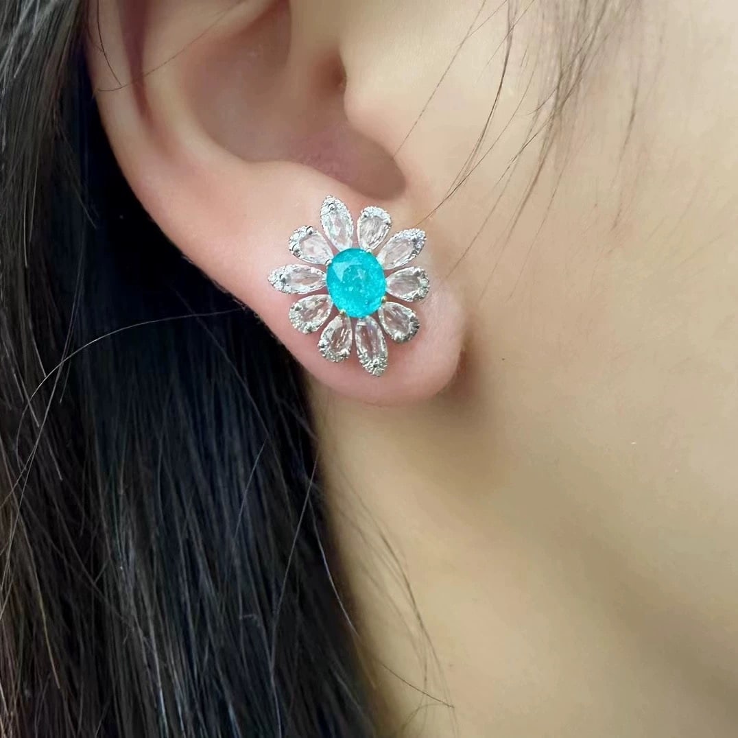 14k Gold 1.3 Ct Natural Paraiba Tourmaline & Sapphire & Diamond Earrings - 5
