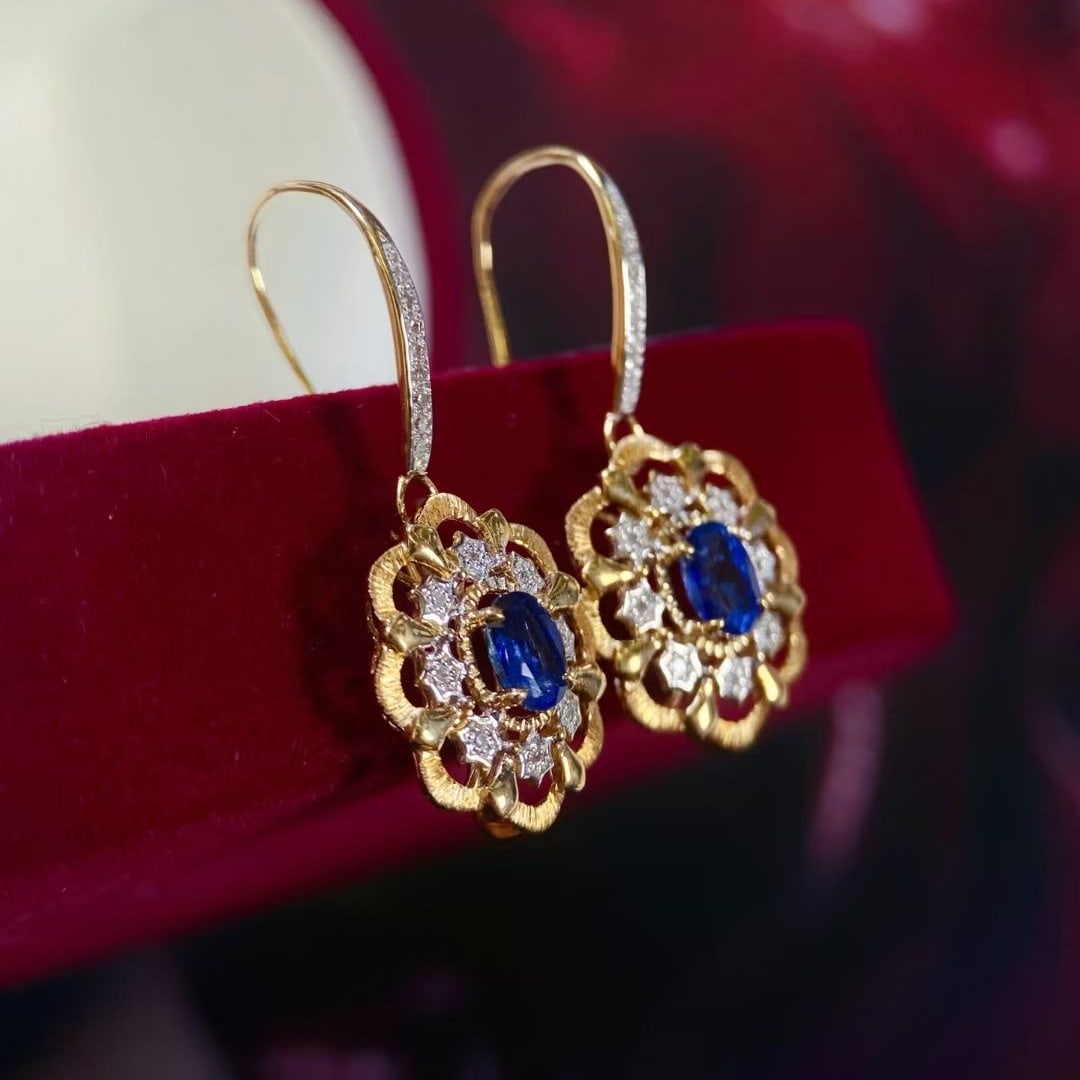 14k Gold 0.62 Ctw Natural Sapphire & Diamond Earrings - 2