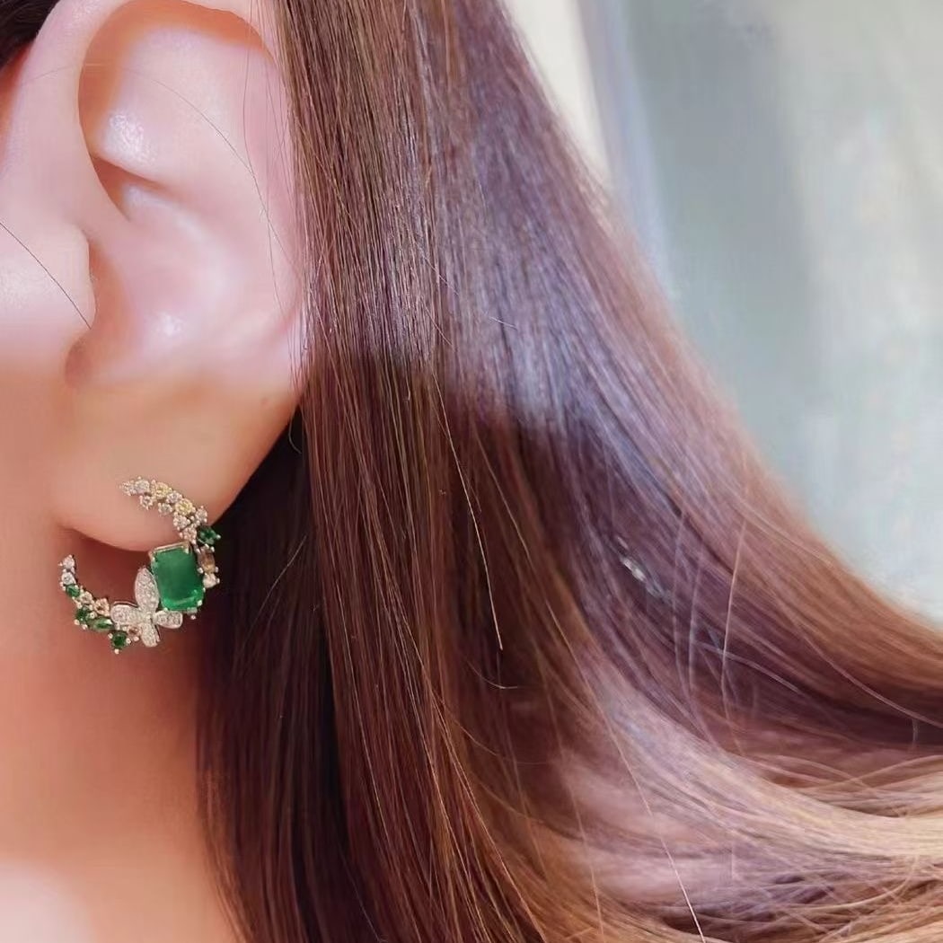 14k Gold 1.5 Ct Natural Emerald & Coloured Gemstone & Diamond Earrings - 4