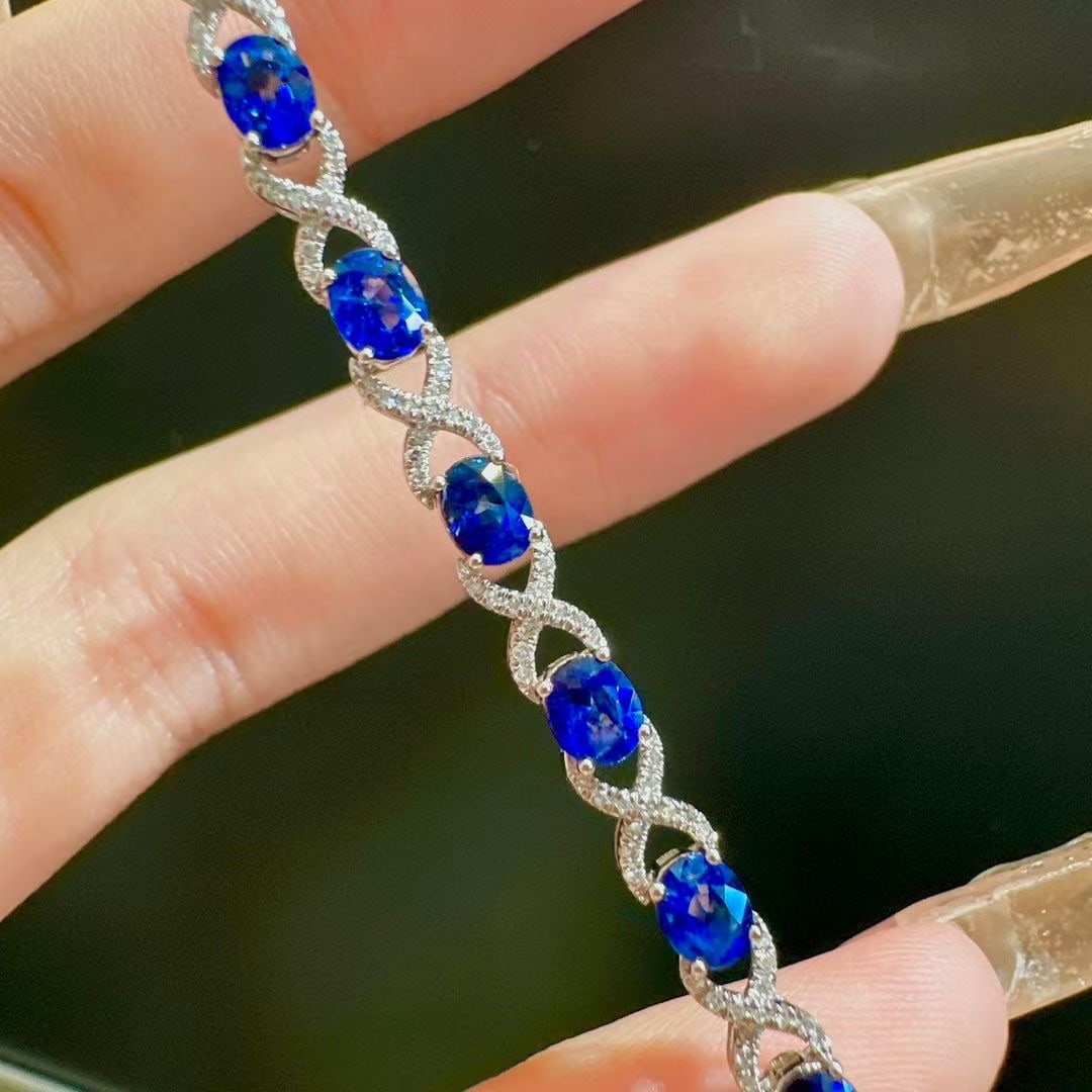 14k Gold 5.57 Ct Natural Sapphire & Diamond Bracelet - 2