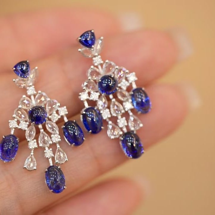 14k Gold 6.1 Ct Natural Sapphire & Diamond Earrings - 2