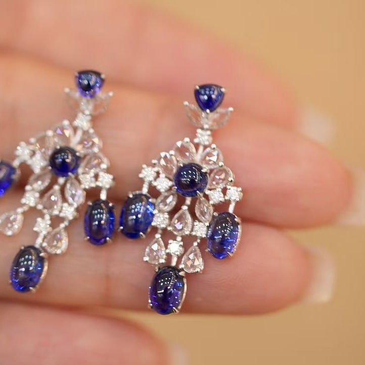 14k Gold 6.1 Ct Natural Sapphire & Diamond Earrings - 3