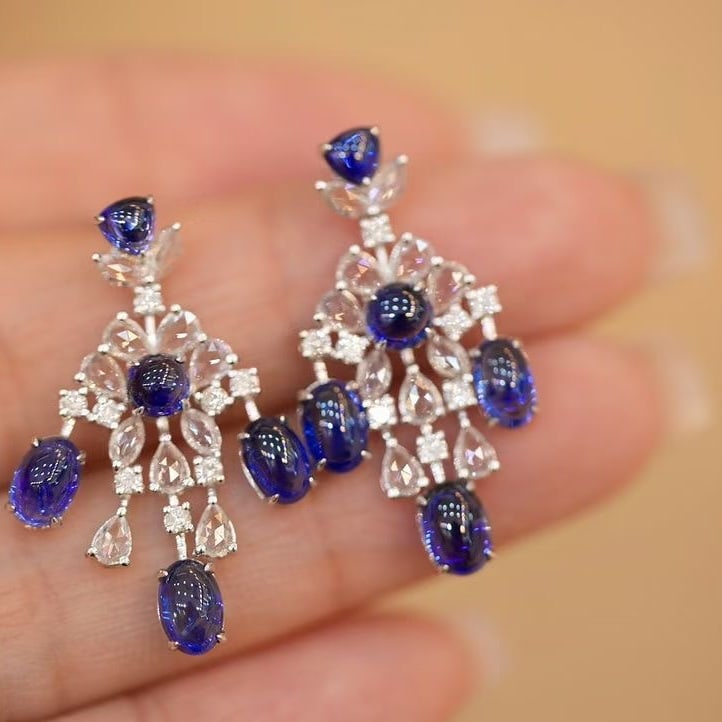 14k Gold 6.1 Ct Natural Sapphire & Diamond Earrings - 4