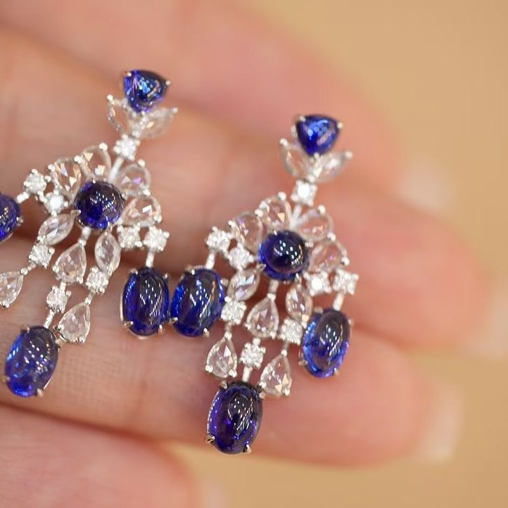 14k Gold 6.1 Ct Natural Sapphire & Diamond Earrings - 5
