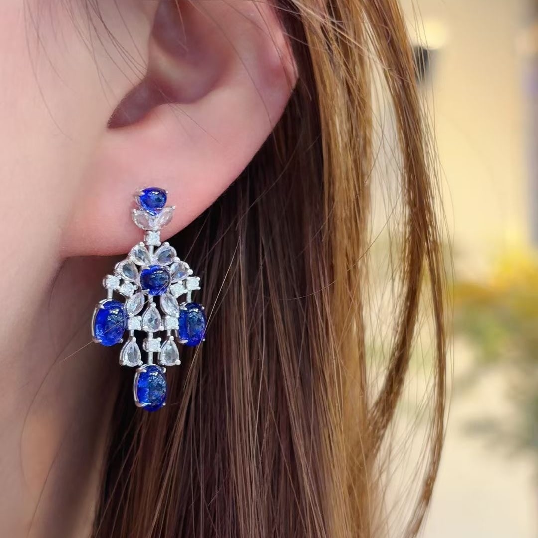 14k Gold 6.1 Ct Natural Sapphire & Diamond Earrings - 6