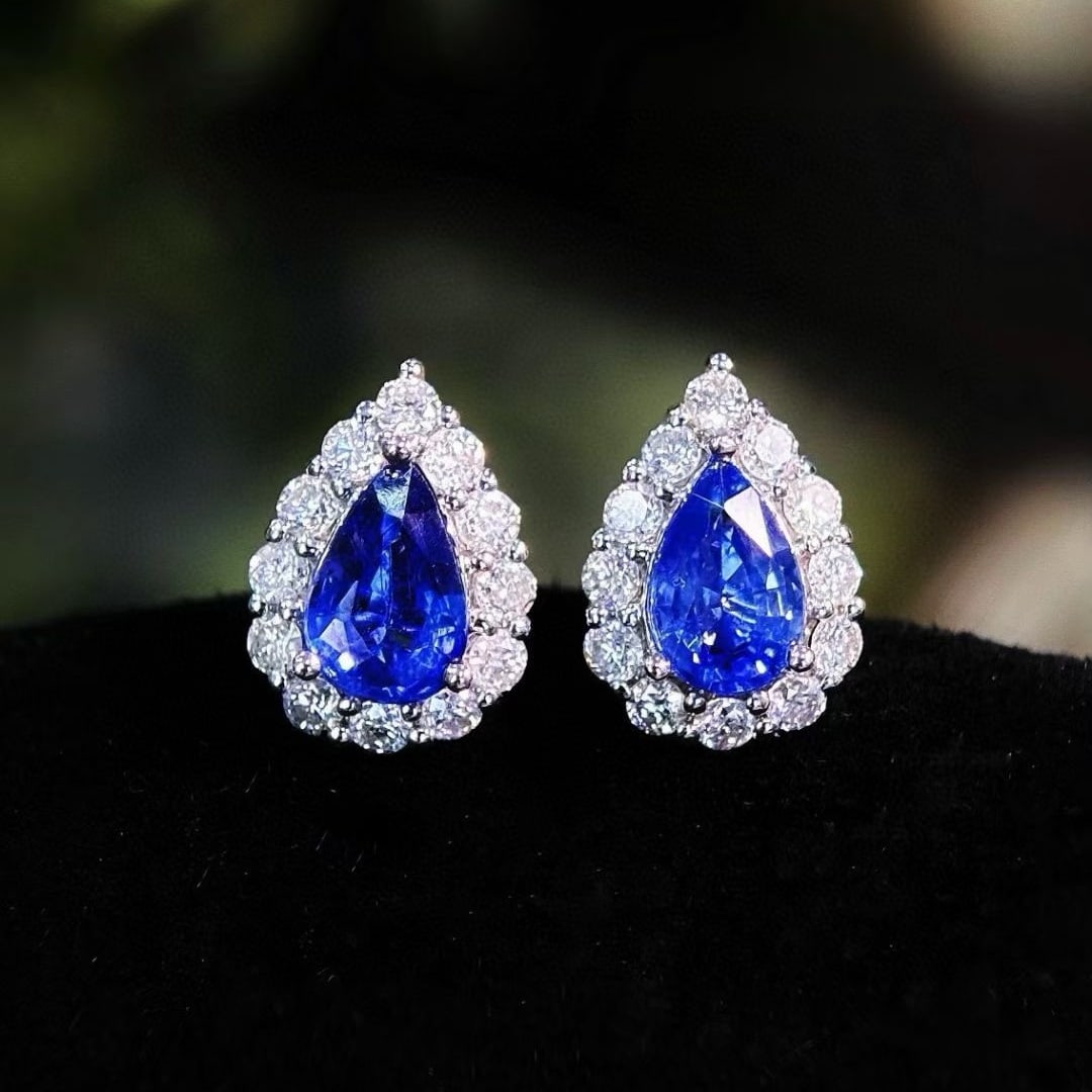 14k Gold 1 Ct Natural Sapphire & Diamond Earrings - 3