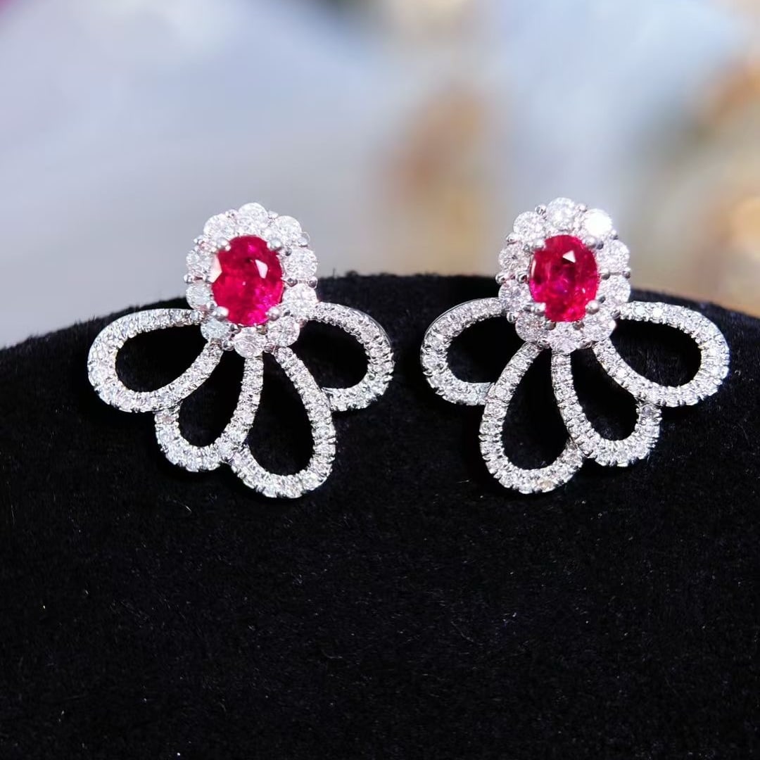 14k Gold 0.6 Ct Natural Ruby & Diamond Earrings - 2