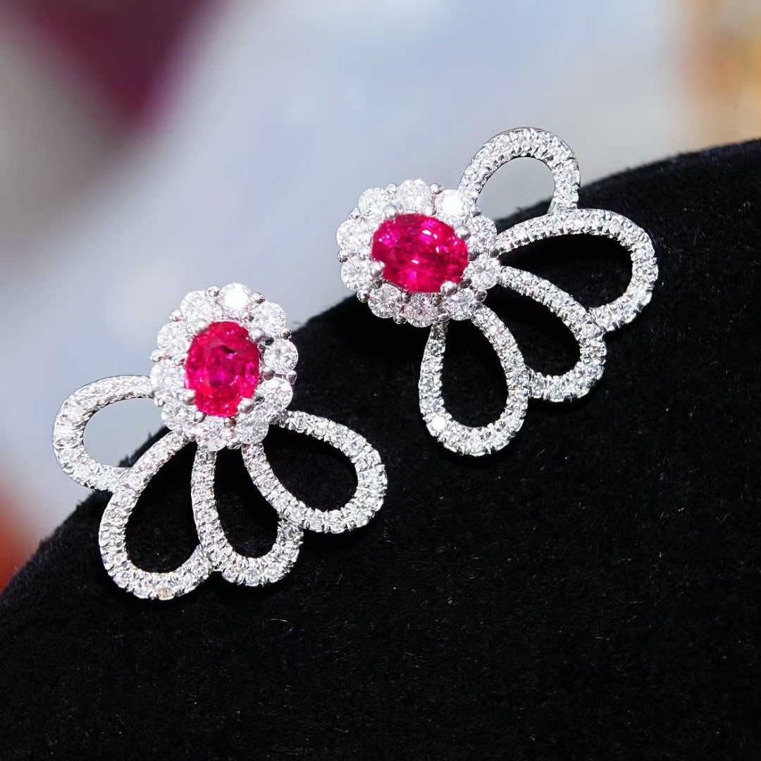 14k Gold 0.6 Ct Natural Ruby & Diamond Earrings - 6