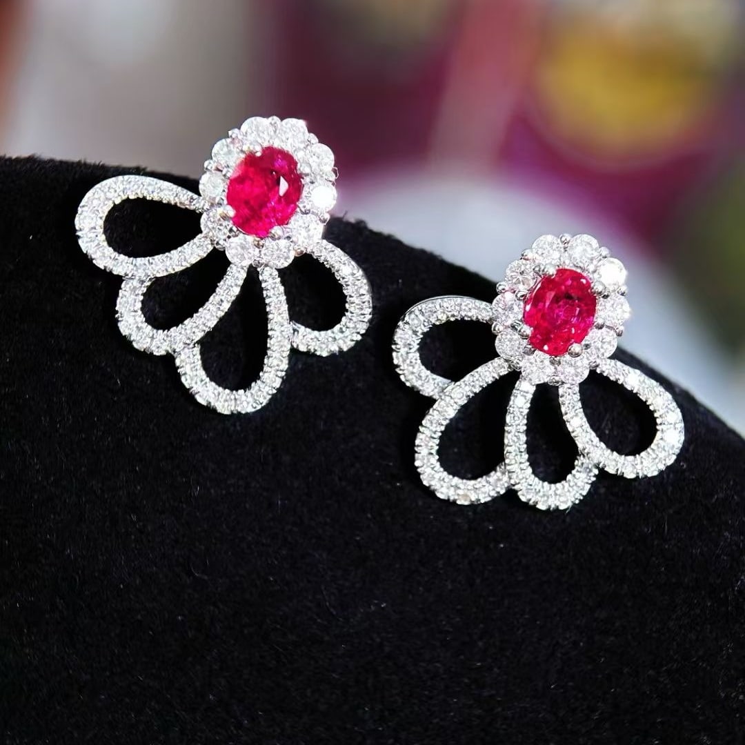 14k Gold 0.6 Ct Natural Ruby & Diamond Earrings - 7