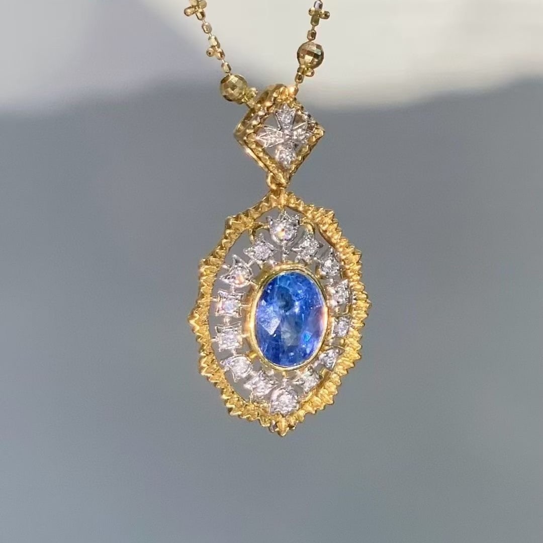 14k Gold 2.55 Ct Natural Sapphire & Diamond Pendant( Without Chain ) - 2