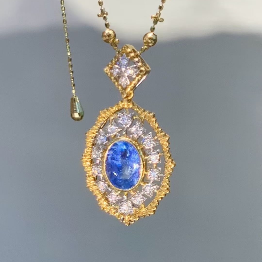 14k Gold 2.55 Ct Natural Sapphire & Diamond Pendant( Without Chain ) - 4