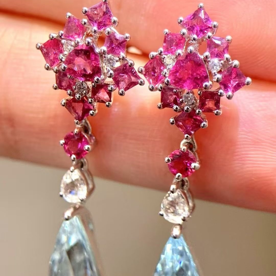 14k Gold 12.15 Ctw Natural Aquamarine & Tourmaline Earrings - 2