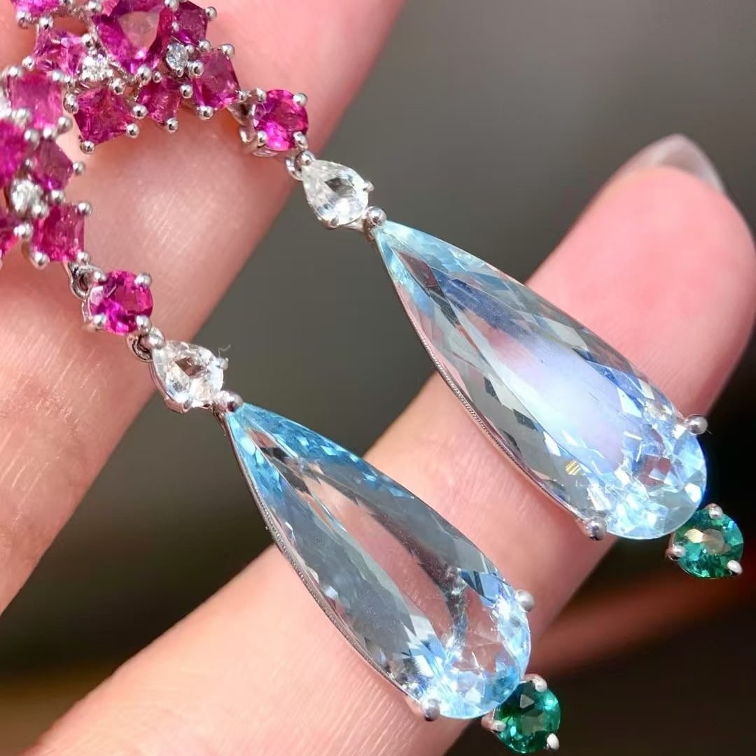 14k Gold 12.15 Ctw Natural Aquamarine & Tourmaline Earrings - 3