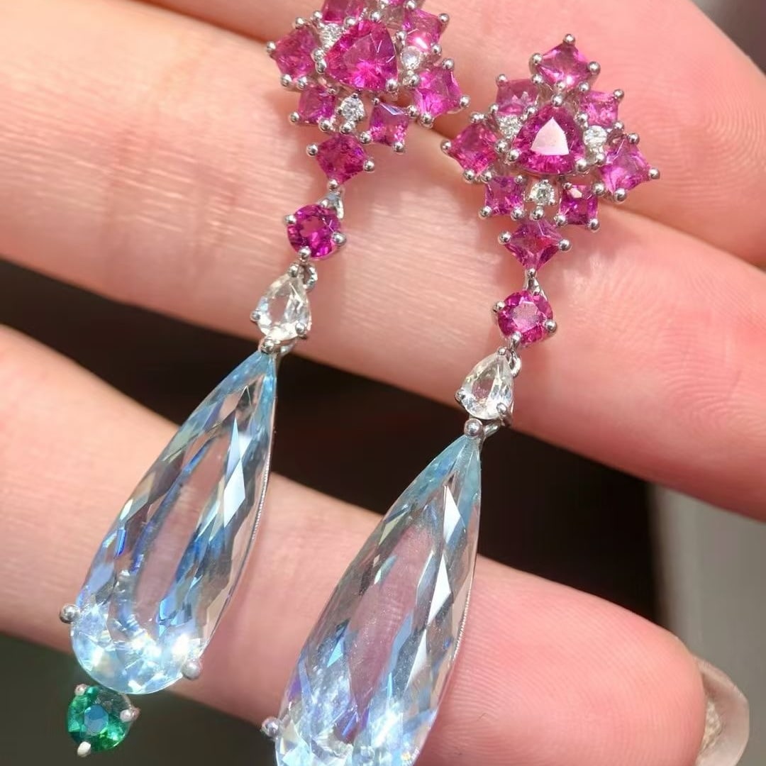 14k Gold 12.15 Ctw Natural Aquamarine & Tourmaline Earrings - 4