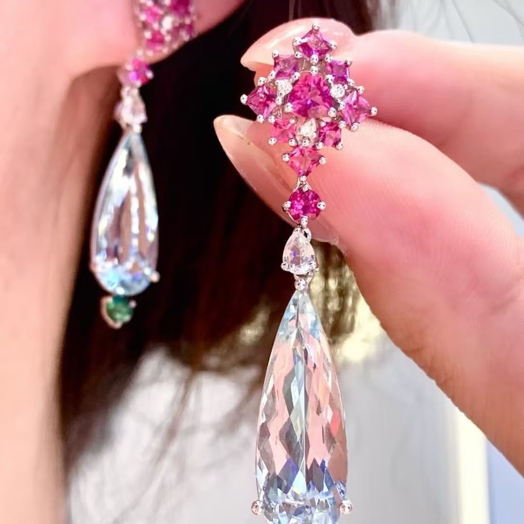 14k Gold 12.15 Ctw Natural Aquamarine & Tourmaline Earrings - 5