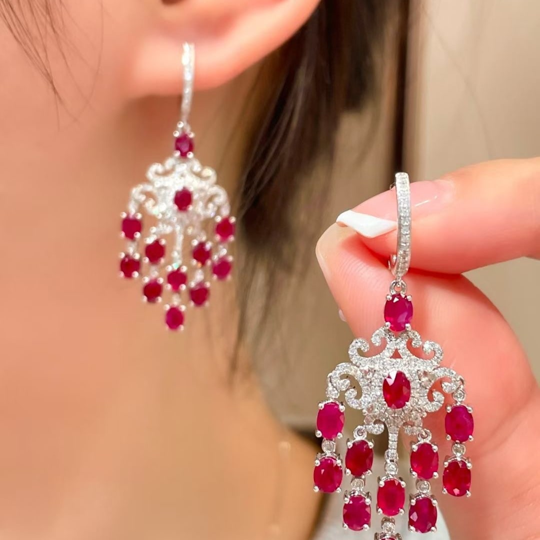 14k Gold 5.3 Ct Natural Ruby & Diamond Earrings - 5