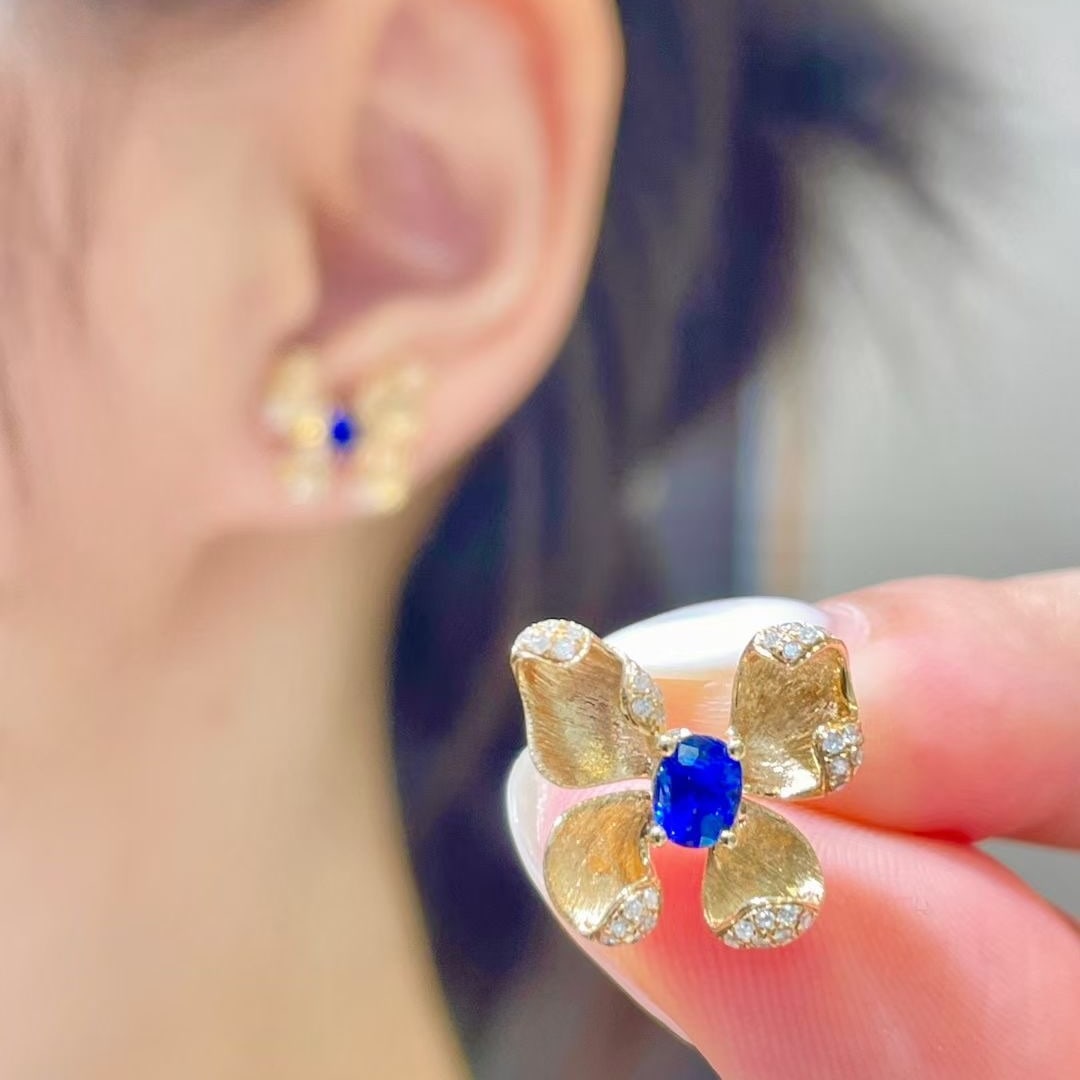 14k Gold 0.8 Ct Natural Sapphire & Diamond Earrings - 3