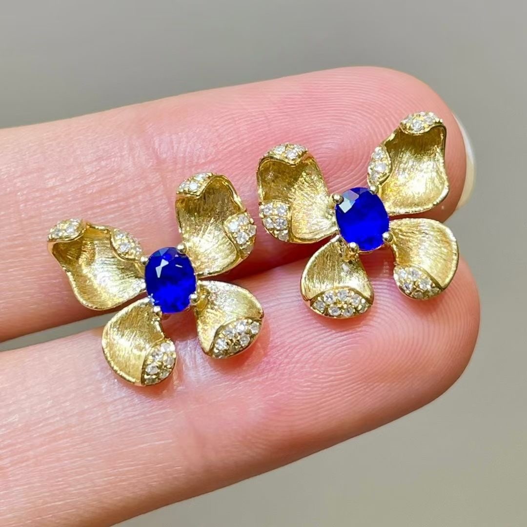 14k Gold 0.8 Ct Natural Sapphire & Diamond Earrings - 5
