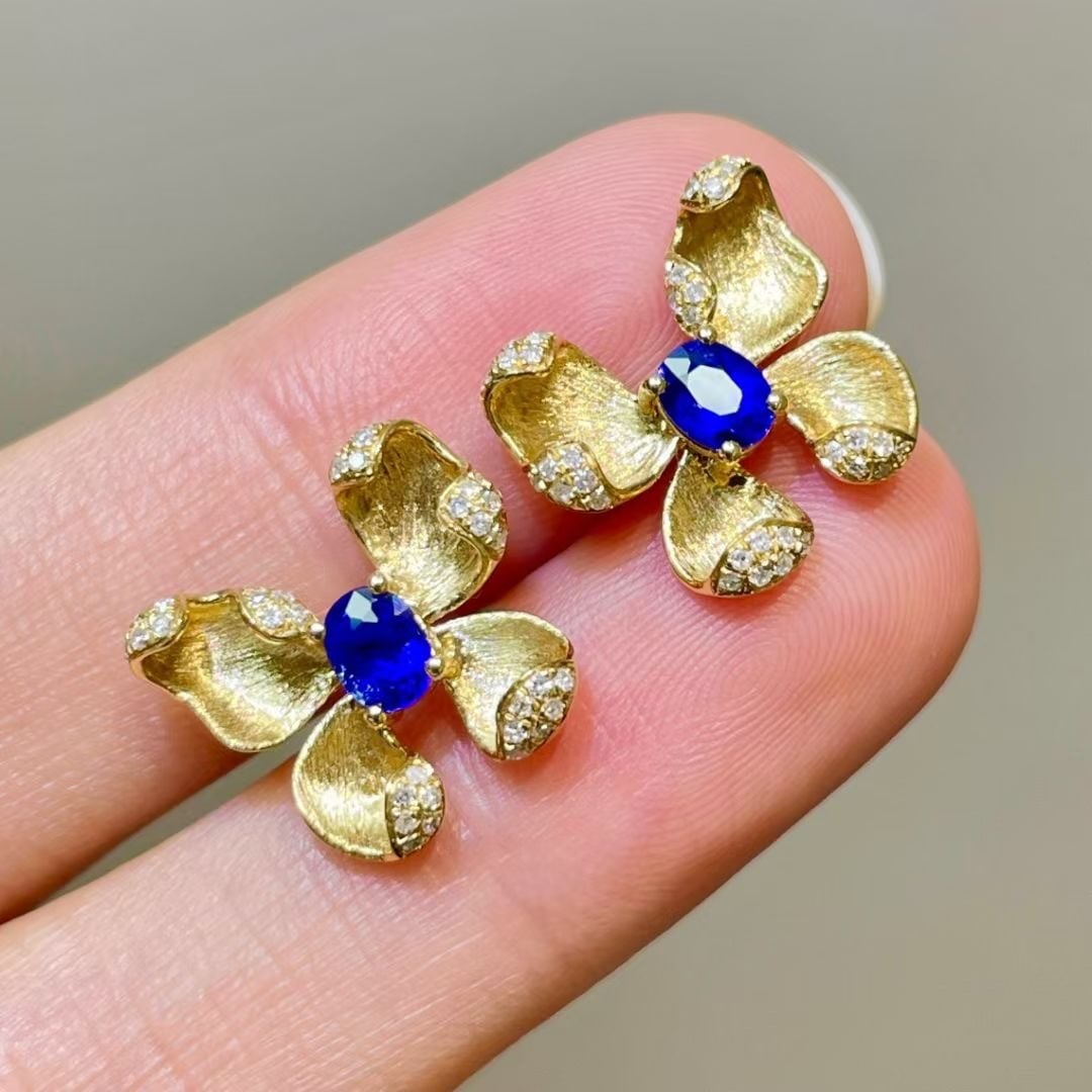 14k Gold 0.8 Ct Natural Sapphire & Diamond Earrings - 6