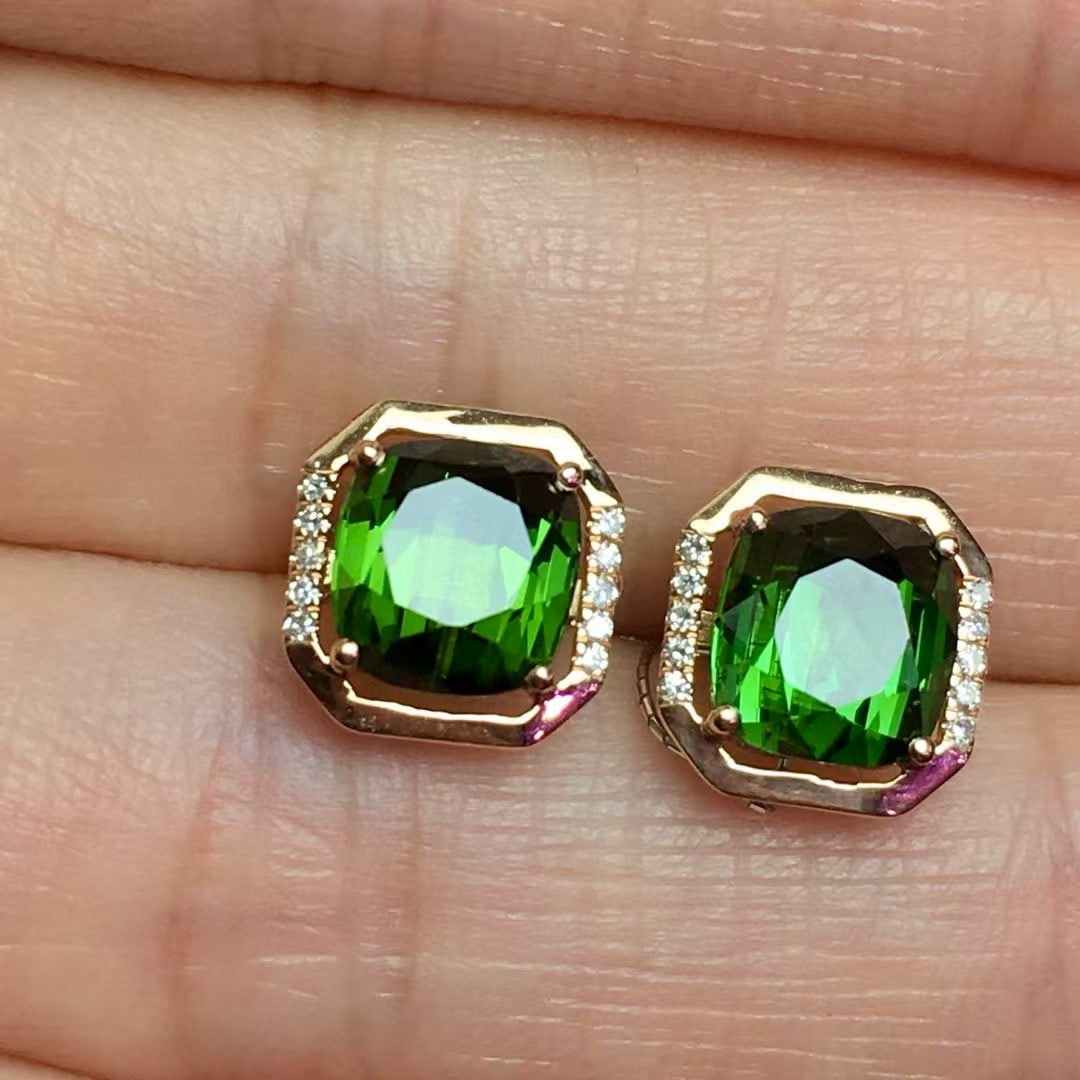 14k Gold 3.7 Ct Natural Tourmaline & Diamond Earrings - 2