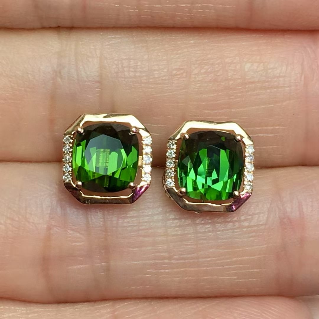 14k Gold 3.7 Ct Natural Tourmaline & Diamond Earrings - 3