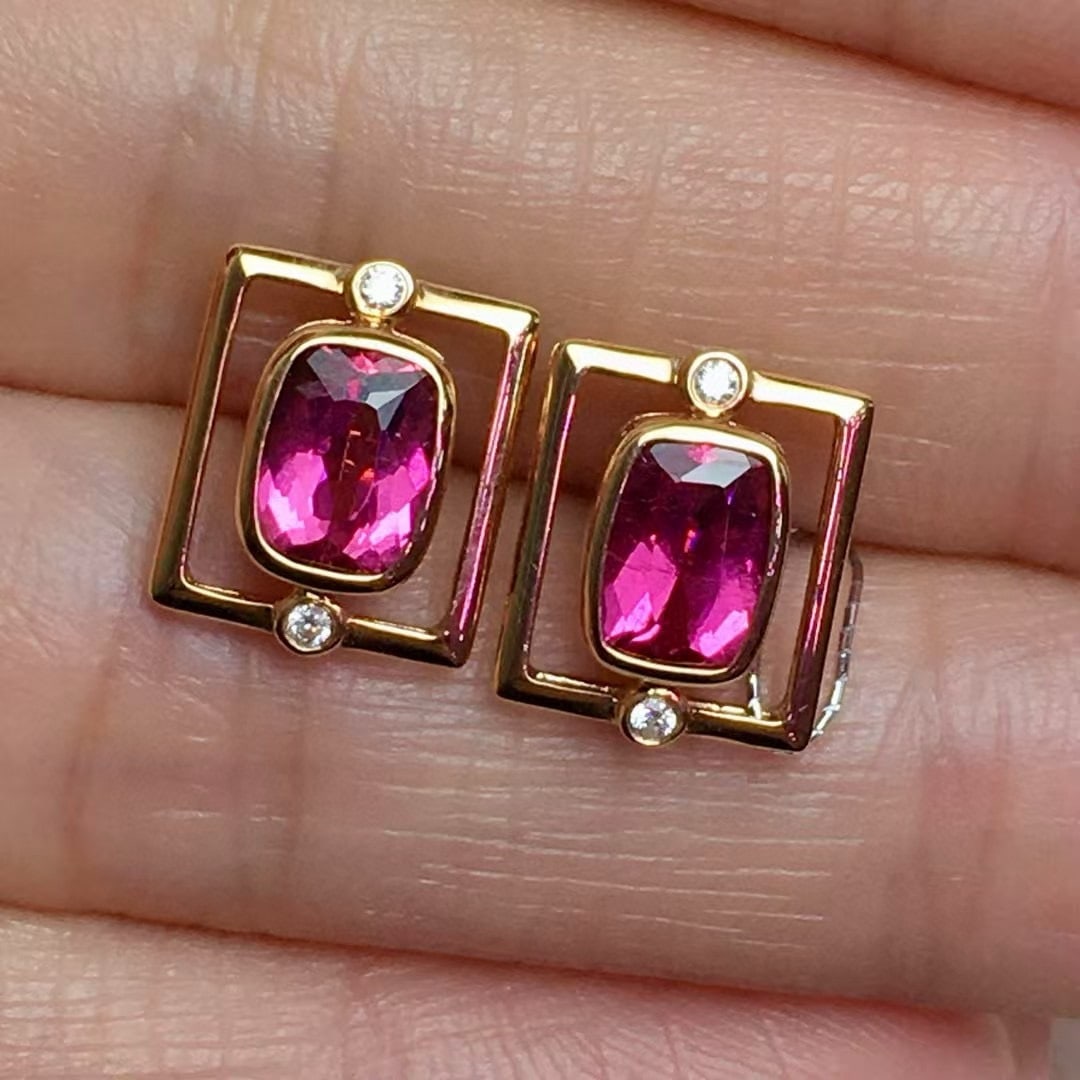14k Gold 1.5 Ct Natural Tourmaline & Diamond Earrings - 2